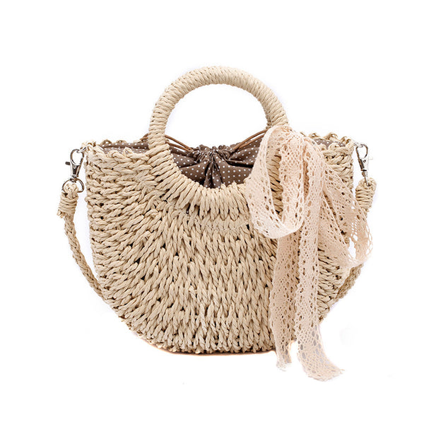 Women Hand-Woven Handbag Moon Shape Lace Bow Rattan Bag