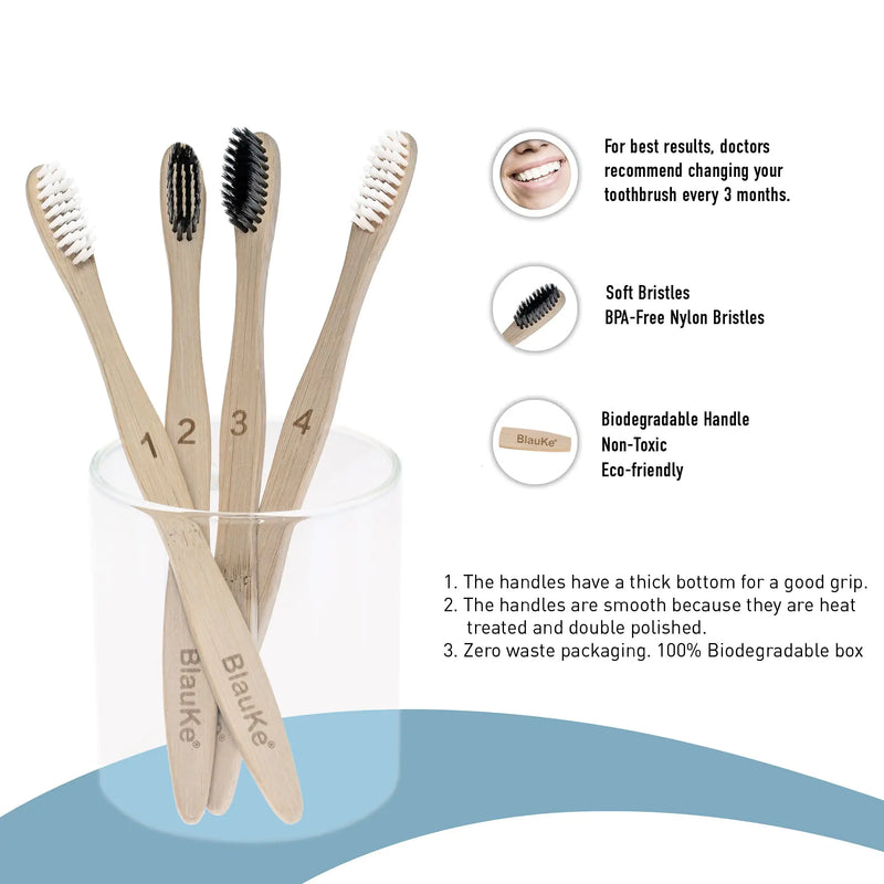 Bamboo Toothbrush Set 4-Pack - Bamboo Toothbrushes with Soft Bristles for Adults - Eco-Friendly, Biodegradable, Natural Wooden Toothbrushes